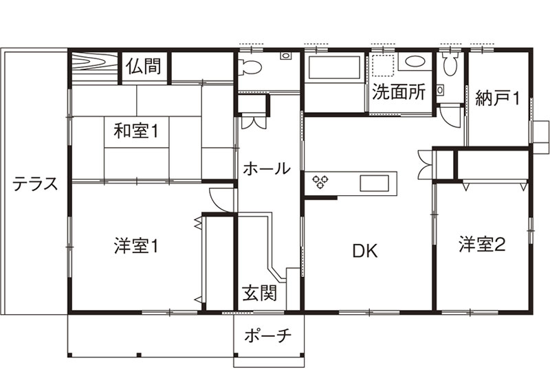 【28坪・3DK】老後も暮らしやすいコンパクトで機能性に優れた平屋の間取り図