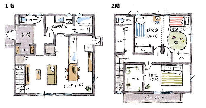 1500万円の注文住宅の家・32.0坪・2LDK・明るく開放的なリビング空間＆機能的な回遊動線も備えた2階建ての家「間取り図」