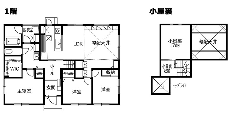 大空間リビング＆小屋裏スペースを備えた平屋の家「間取り図」