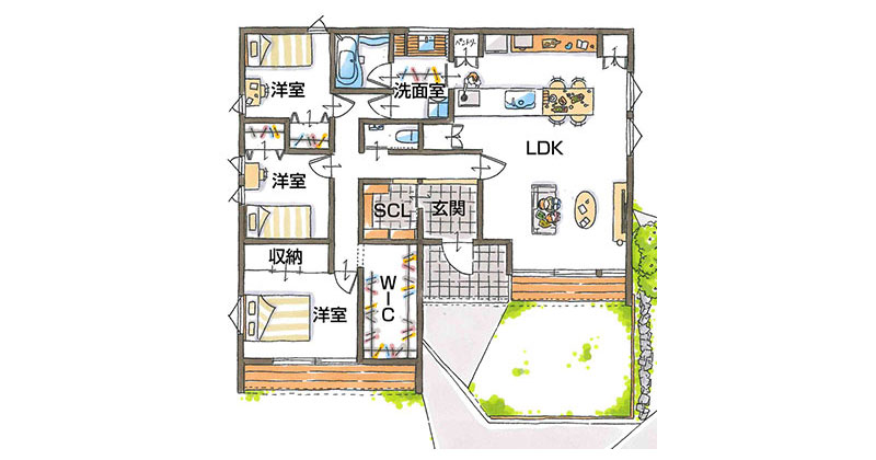 シンプルな間取りと配色・庭を囲むようなL字型の平屋の家「間取り図」