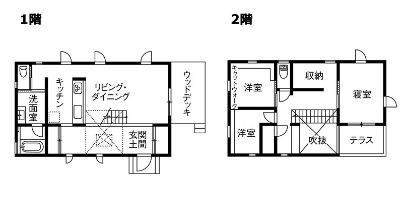 旗竿地を活かして建てられた「広々吹き抜け土間空間」が特徴の2階建ての家「間取り図」