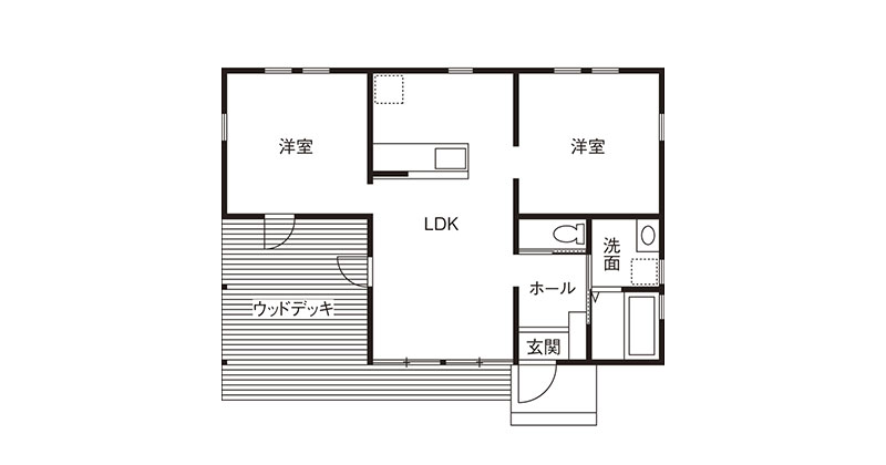 大きなウッドデッキと木の素材を生かしたナチュラルテイストな平屋の家「間取り図」