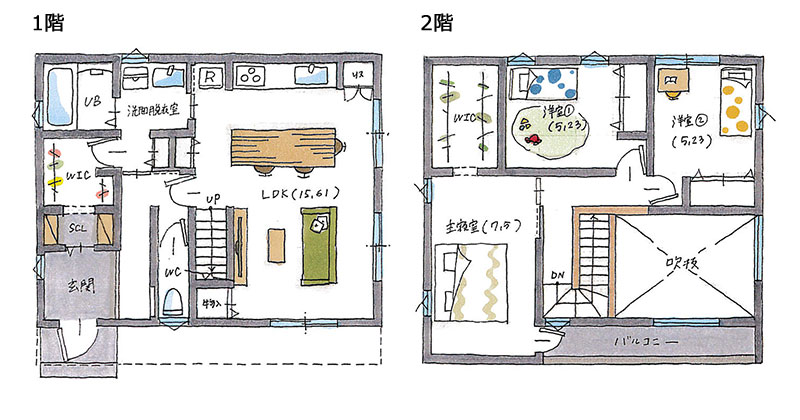 カフェ風キッチンと吹き抜けリビングで暮らしやすいオシャレな2階建ての家「間取り図」