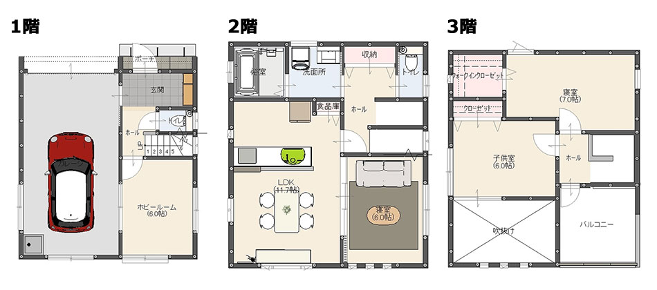 インナーガレージ＆高性能省エネも備えた3階建て住宅「間取り図」