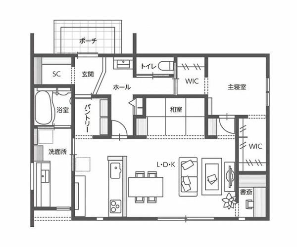 シンプルなのにオシャレでかっこいい！家事ラクな回遊動線も備わった平屋の間取り「間取り図」